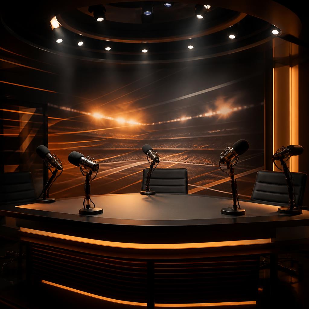 Sports Talk podcast studio with microphones and stadium lights